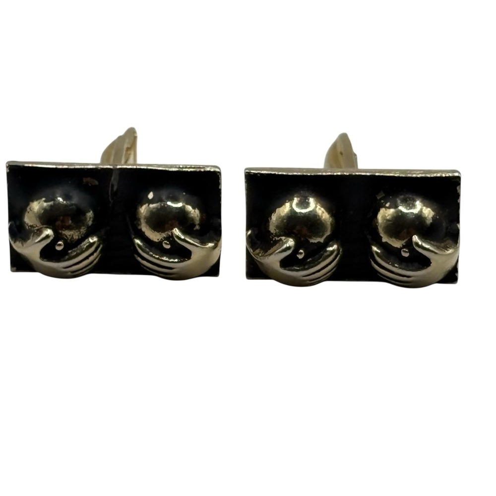 Boobs Breasts Cufflinks Naughty Gold Tone Black Happy Hands Novelty Funny READ